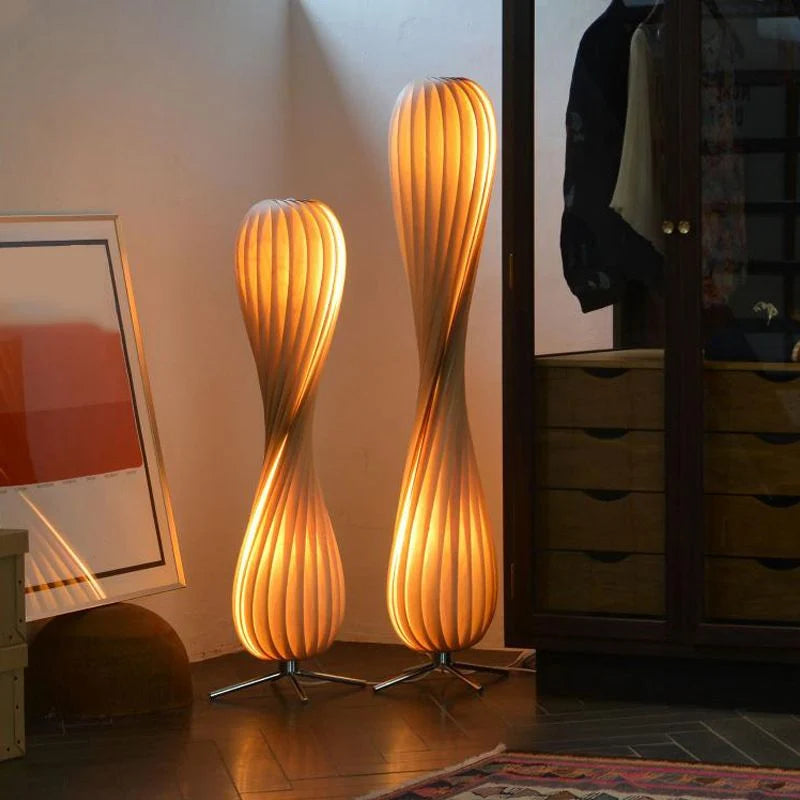 Floor Lamp | Twisted Wood Shade & Cozy Ambient Lighting