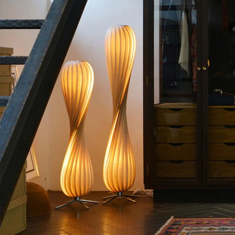 Floor Lamp | Twisted Wood Shade & Cozy Ambient Lighting