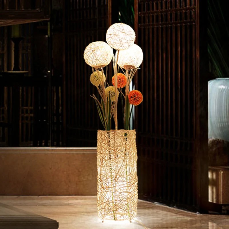 Floor Lamp | Wood & Rattan Vase-Shaped | White Or Brown