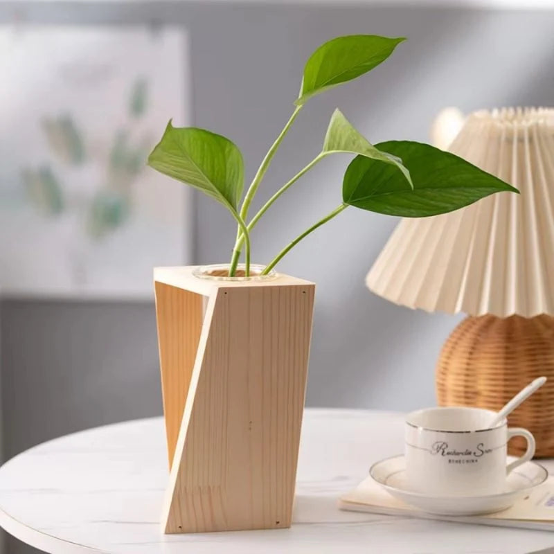 Flower Vase | Tubular Glass Tube & Wood Stand
