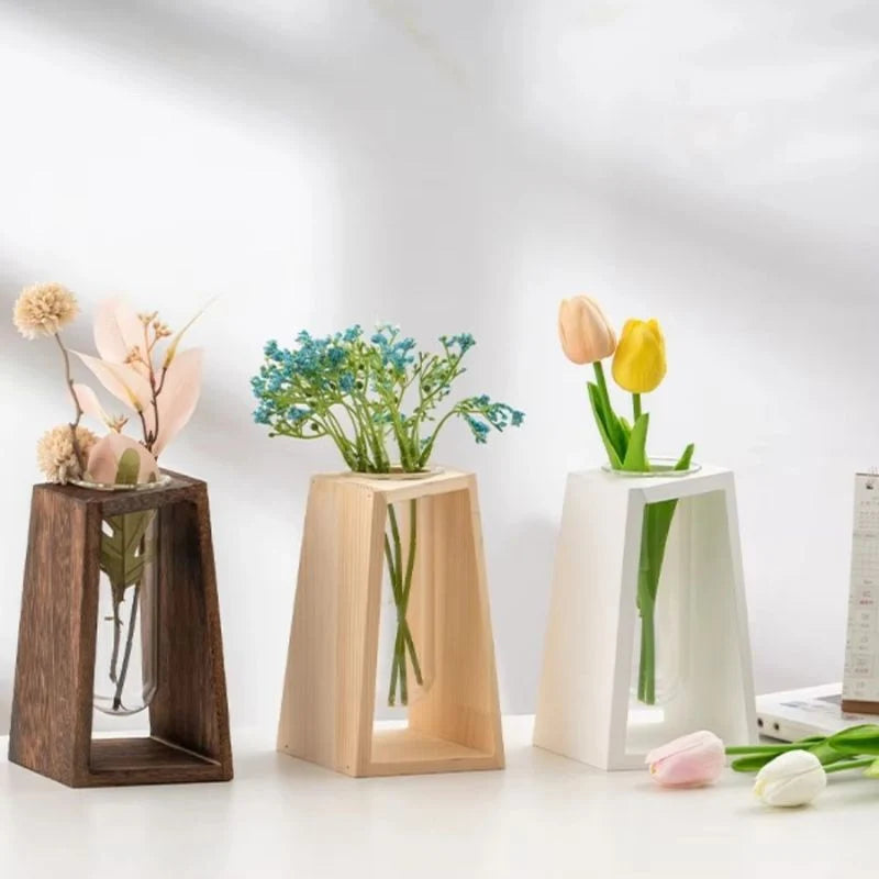 Flower Vase | Tubular Glass Tube & Wood Stand