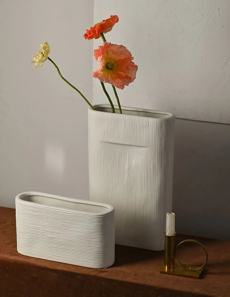 Flower Vases | White Striped Ceramic | 2-Piece Set