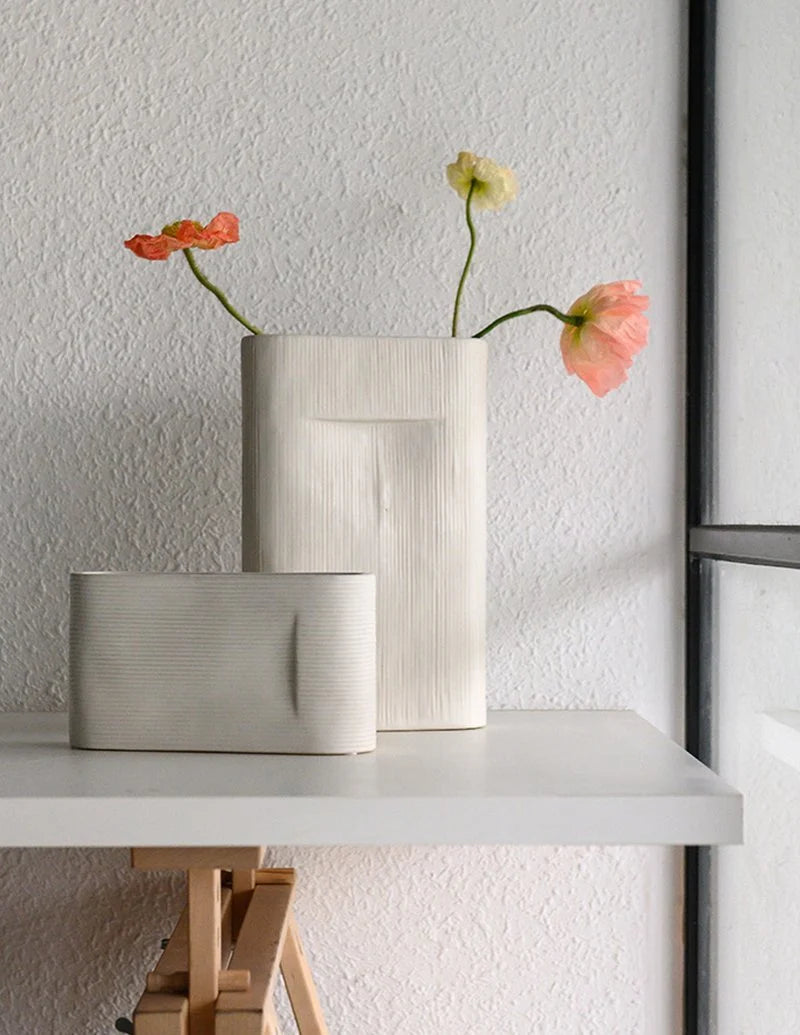 Flower Vases | White Striped Ceramic | 2-Piece Set