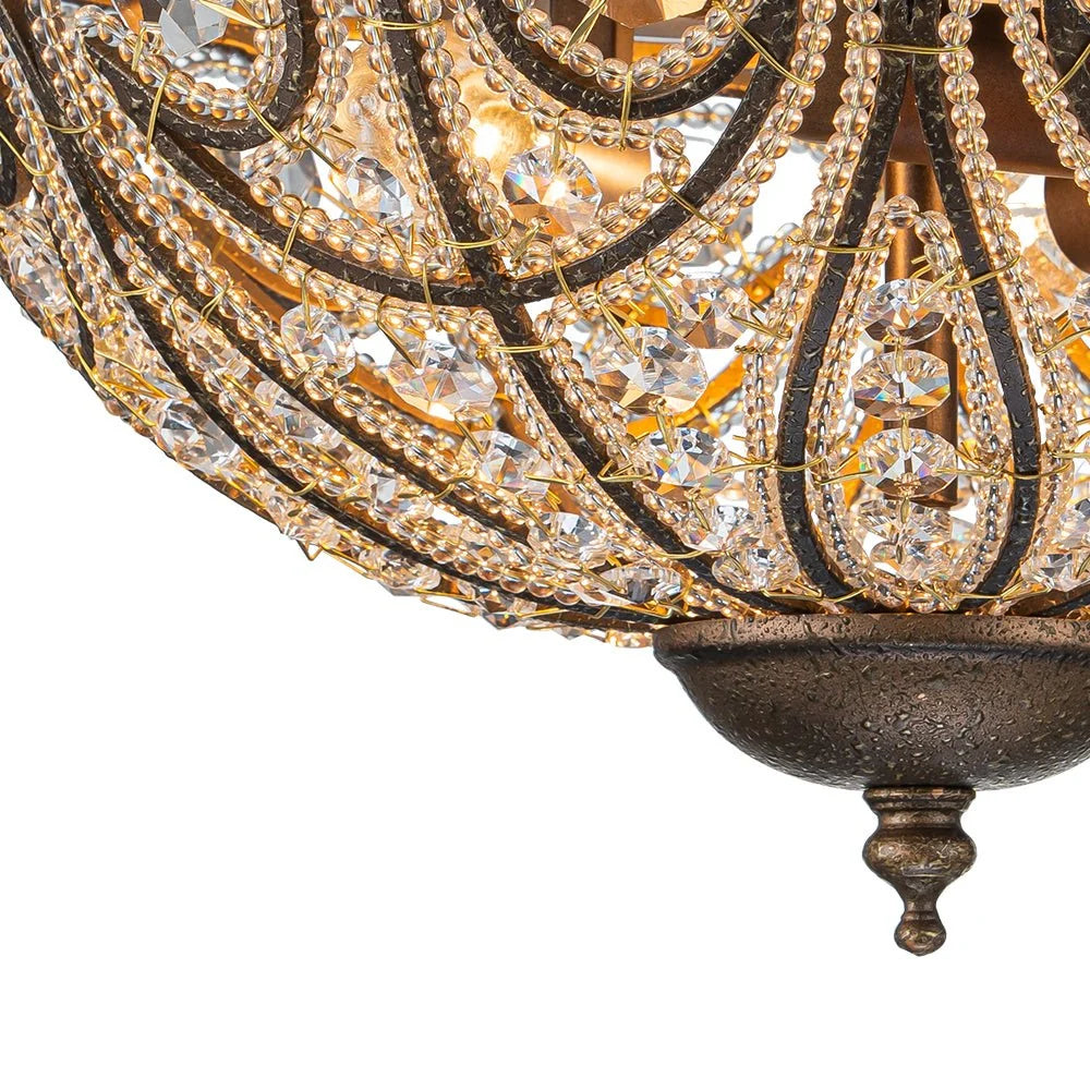 Flush Mount Ceiling Light | Antique Bronze & Crystal Accents | 3-Light