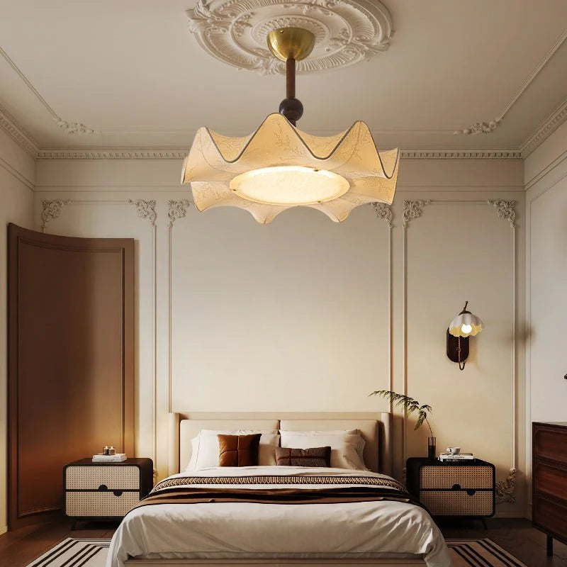 Flush Mount Ceiling Light | Floral Fabric Shade & Wood Accents | 50 cm Dia