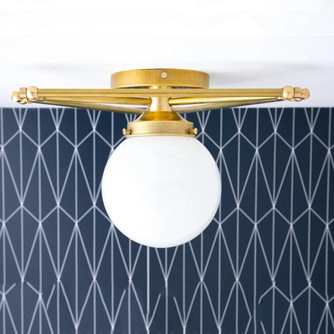 Flush Mount Ceiling Light | Pearl Geometric Dimmable Brass & Glass | 14 In