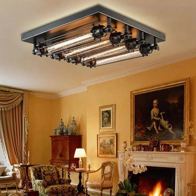 Flush Mount Ceiling Light | Vintage Metal Black Finish | 4-Light