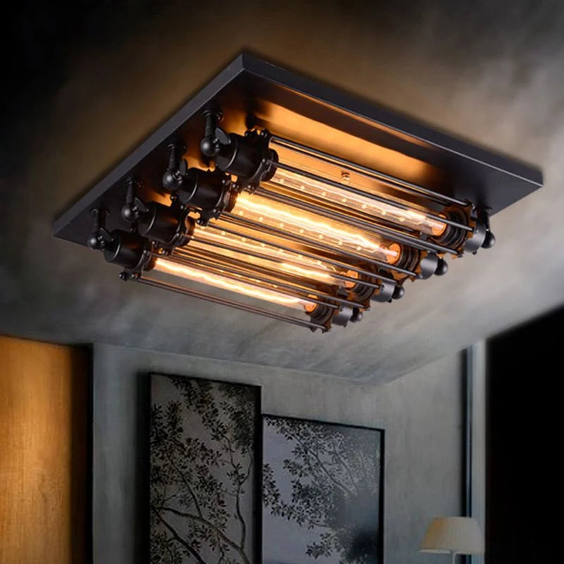 Flush Mount Ceiling Light | Vintage Metal Black Finish | 4-Light
