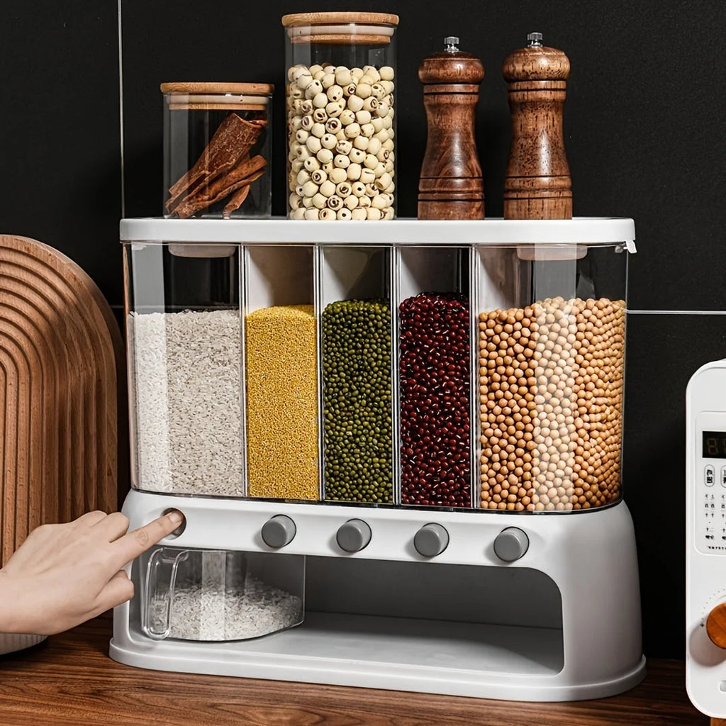 Food Storage Container | 5-Compartment Airtight | Push-Button Dispenser