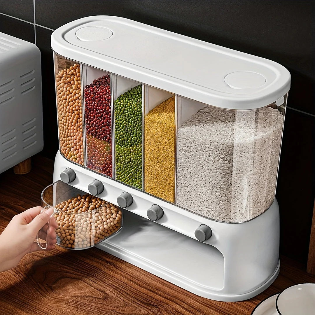 Food Storage Container | 5-Compartment Airtight | Push-Button Dispenser
