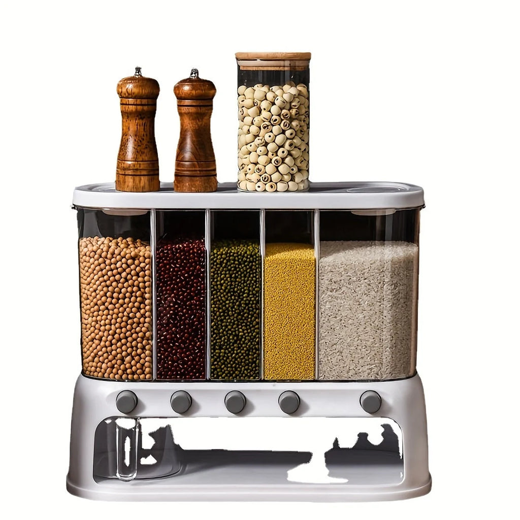 Food Storage Container | 5-Compartment Airtight | Push-Button Dispenser