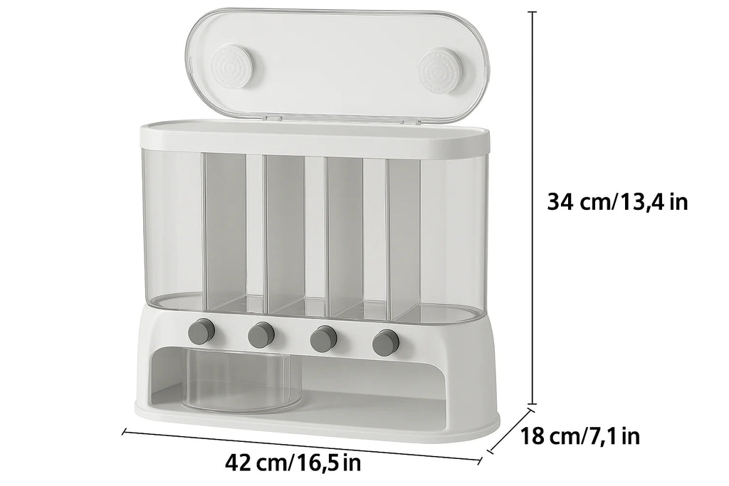Food Storage Container | 5-Compartment Airtight | Push-Button Dispenser