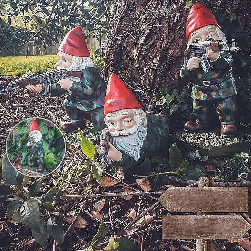 Garden Gnome Statue | Camouflage Military Design & UV-Resistant Resin