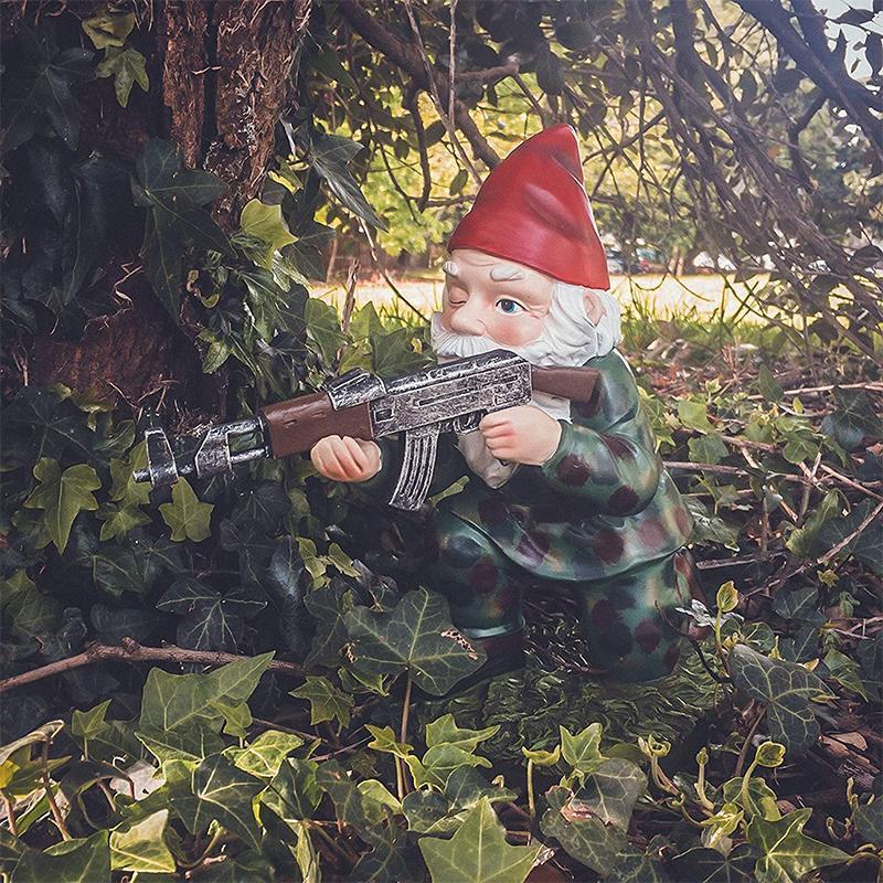 Garden Gnome Statue | Camouflage Military Design & UV-Resistant Resin