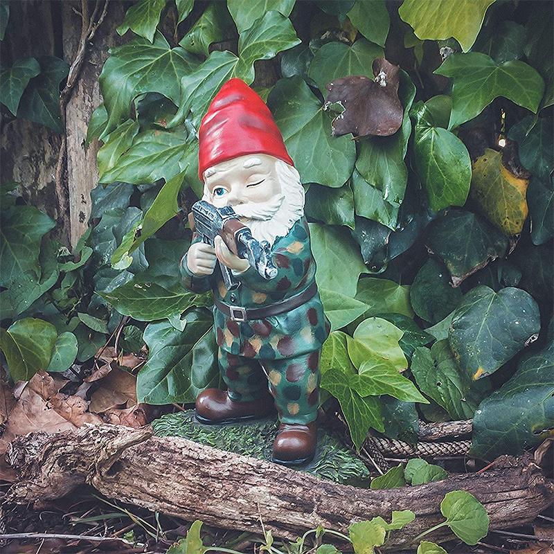 Garden Gnome Statue | Camouflage Military Design & UV-Resistant Resin