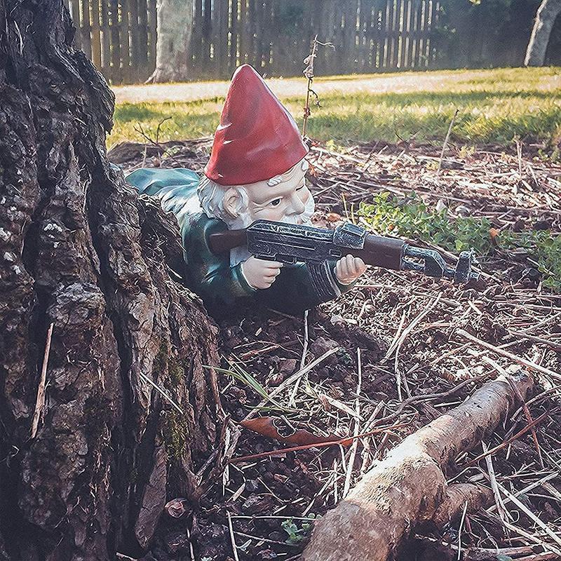 Garden Gnome Statue | Camouflage Military Design & UV-Resistant Resin