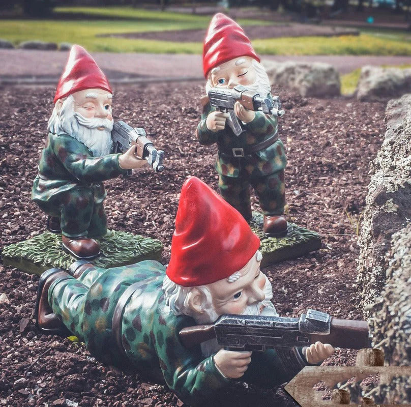 Garden Gnome Statue | Camouflage Military Design & UV-Resistant Resin