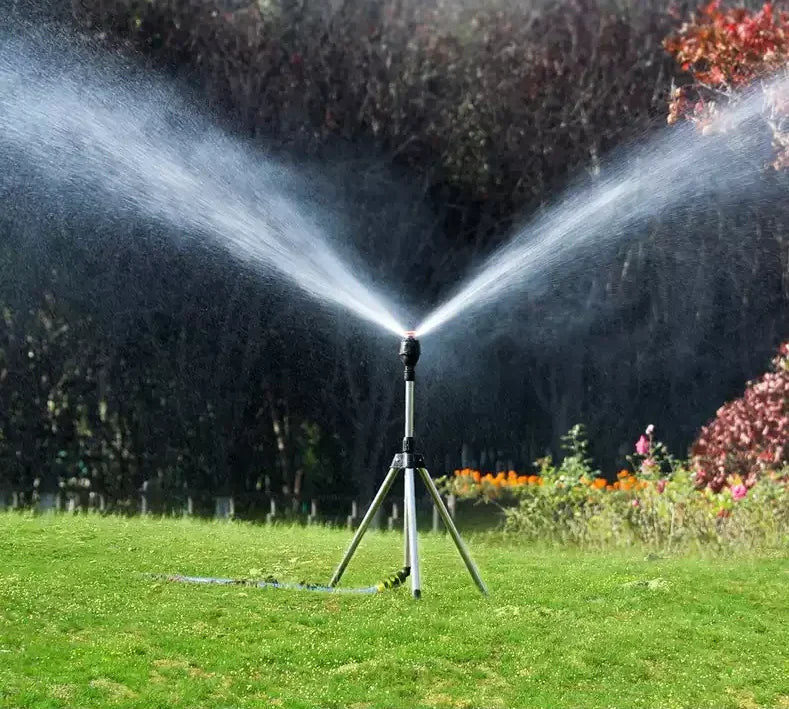 Garden Sprinkler | Stainless Steel Tripod & 360° Rotating Head | Adjustable 6–12 m