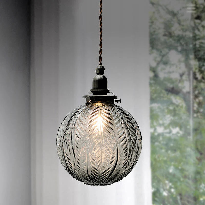 Glass Pendant Light | Etched Leaf Pattern | Vintage Globe Design