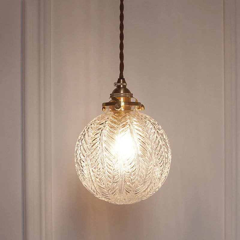 Glass Pendant Light | Etched Leaf Pattern | Vintage Globe Design