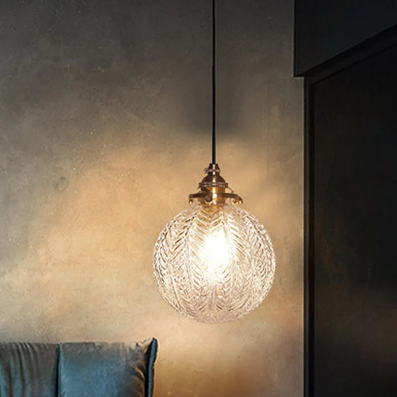Glass Pendant Light | Etched Leaf Pattern | Vintage Globe Design