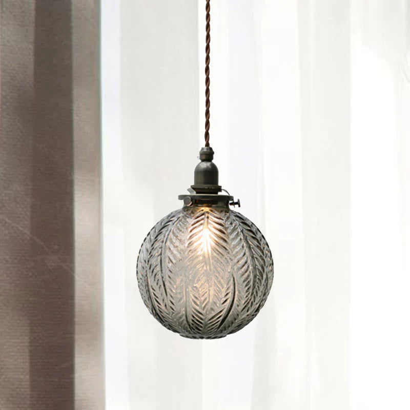 Glass Pendant Light | Etched Leaf Pattern | Vintage Globe Design