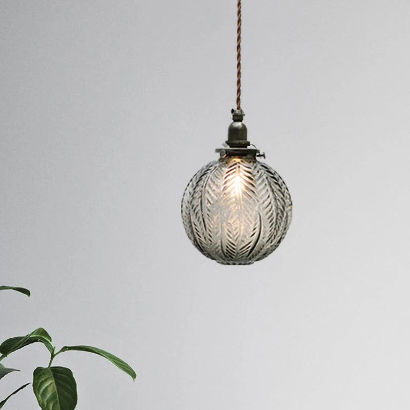 Glass Pendant Light | Etched Leaf Pattern | Vintage Globe Design