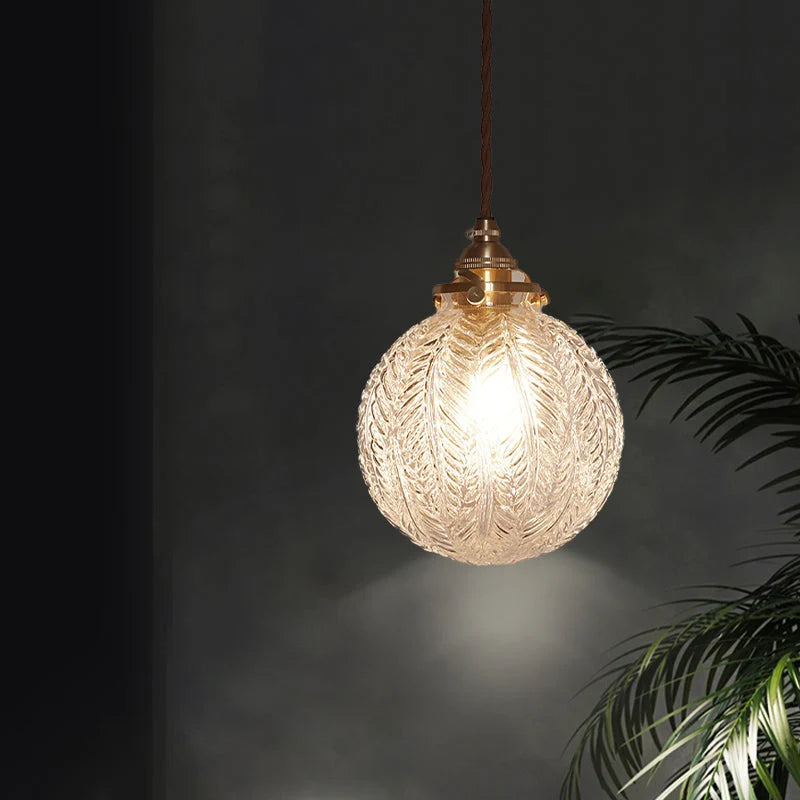 Glass Pendant Light | Etched Leaf Pattern | Vintage Globe Design