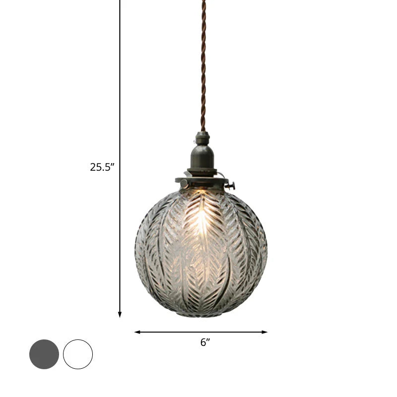 Glass Pendant Light | Etched Leaf Pattern | Vintage Globe Design