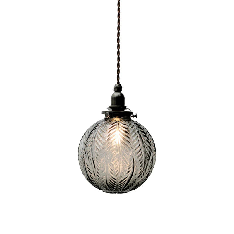 Glass Pendant Light | Etched Leaf Pattern | Vintage Globe Design