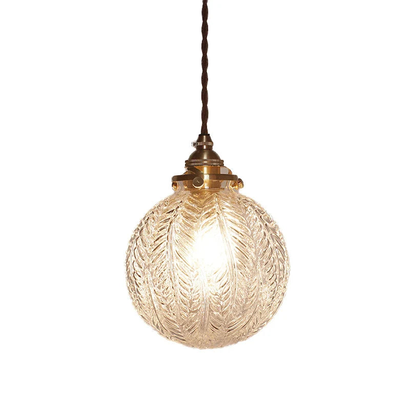 Glass Pendant Light | Etched Leaf Pattern | Vintage Globe Design