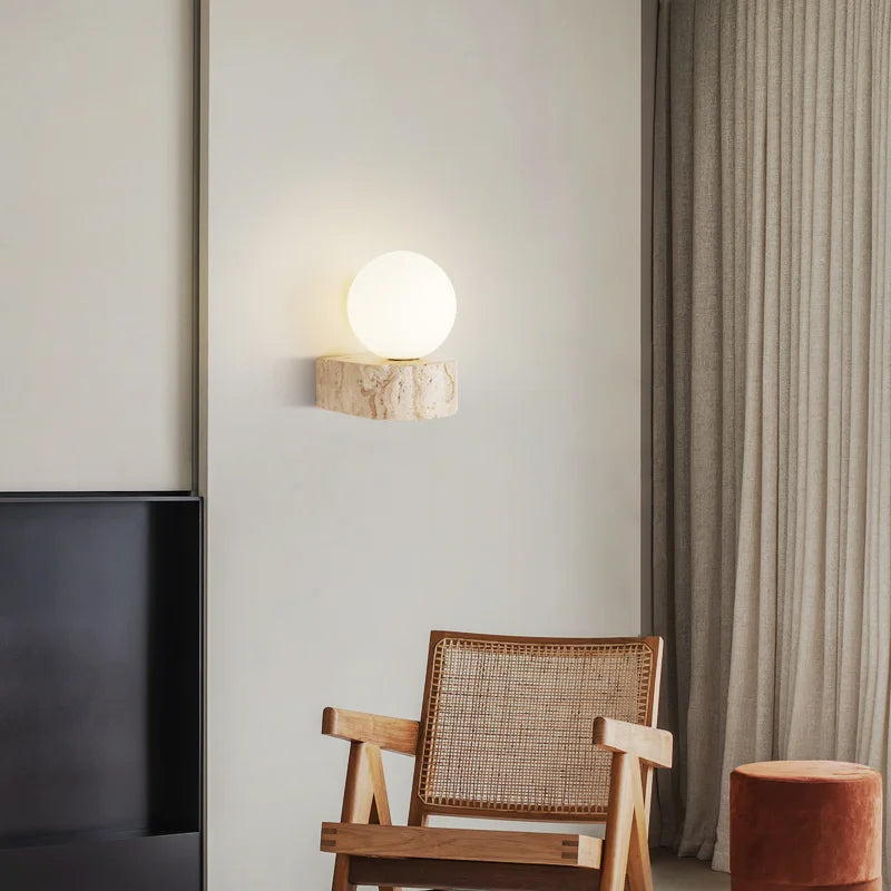 Globe Wall Light | Travertine-Look & Frosted Glass | Hardwired