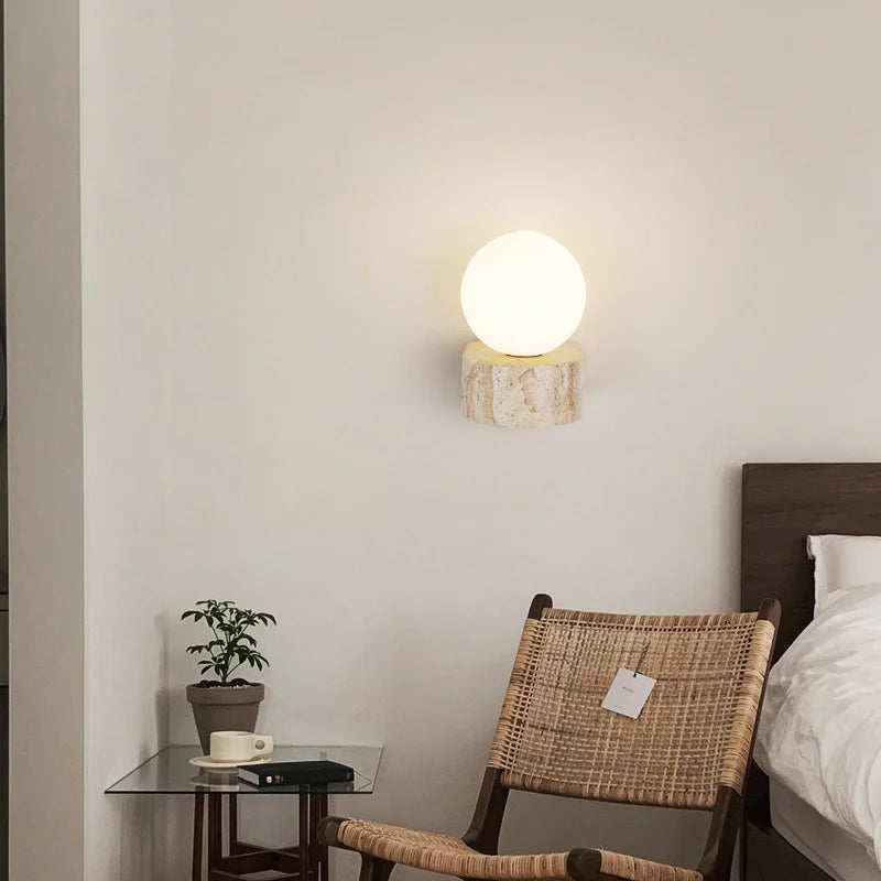 Globe Wall Light | Travertine-Look & Frosted Glass | Hardwired