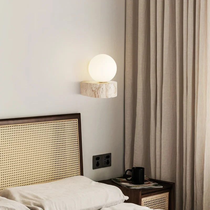Globe Wall Light | Travertine-Look & Frosted Glass | Hardwired