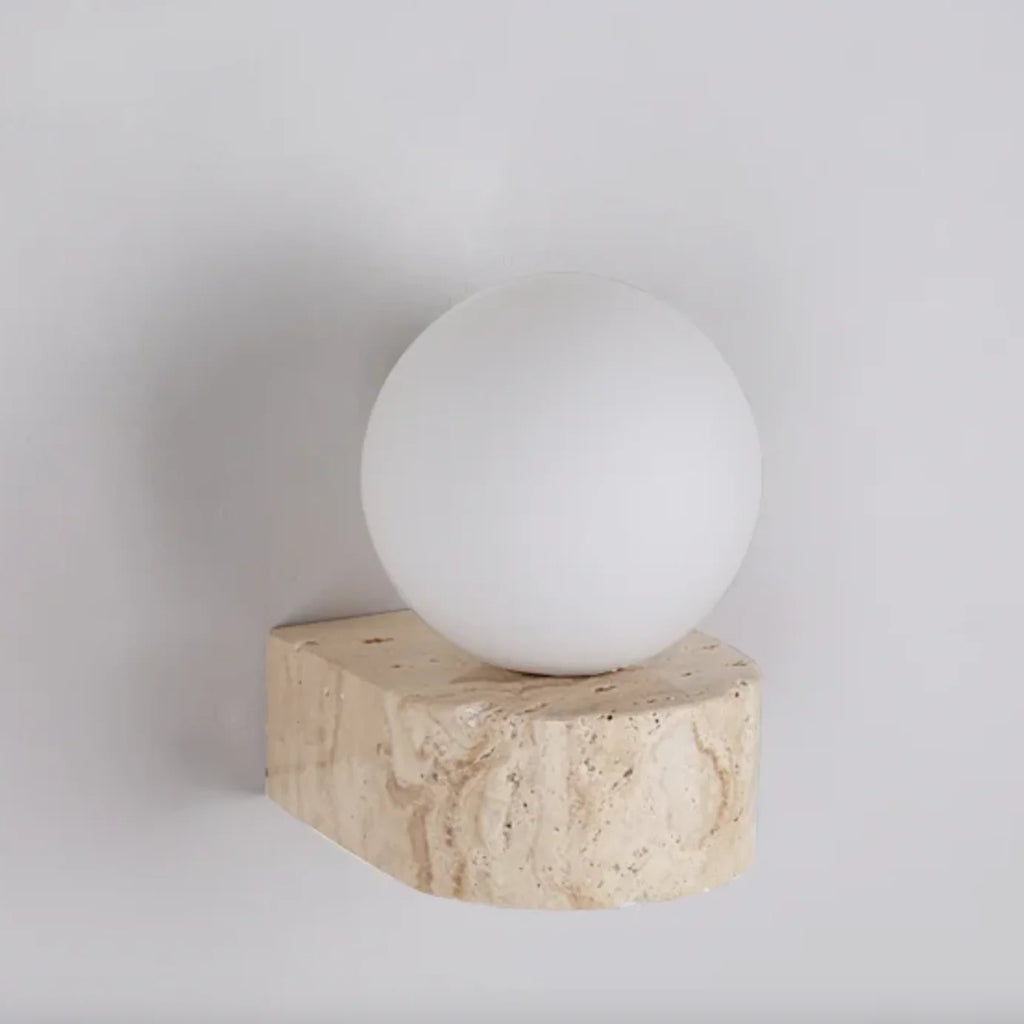 Globe Wall Light | Travertine-Look & Frosted Glass | Hardwired