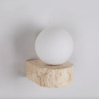 Globe Wall Light | Travertine-Look & Frosted Glass | Hardwired