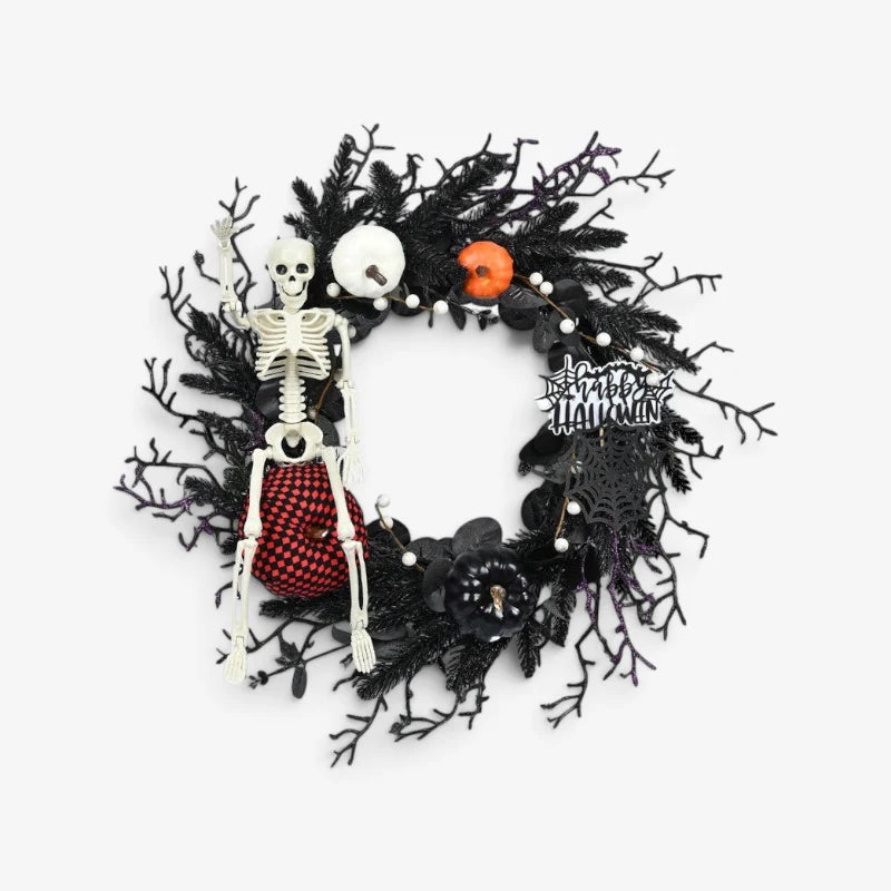 Halloween Wreath | Skeleton & Pumpkin Design | Lightweight Plastic