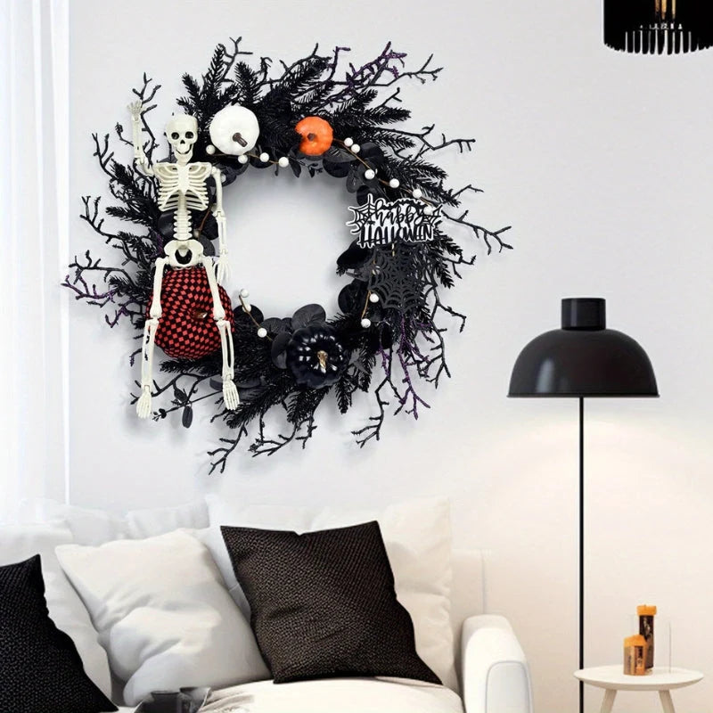 Halloween Wreath | Skeleton & Pumpkin Design | Lightweight Plastic