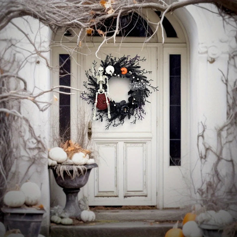 Halloween Wreath | Skeleton & Pumpkin Design | Lightweight Plastic