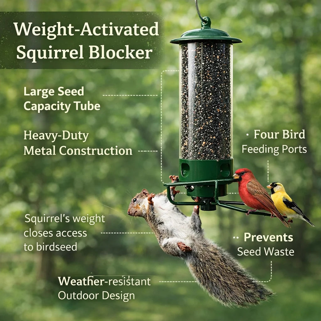 Hanging Bird Feeder | Squirrel-Proof Spinning Perch & Metal | 4 Feeding Ports