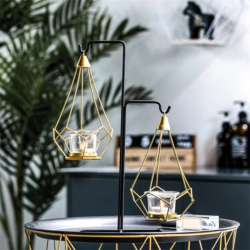 Hanging Candle Holder | Faceted Diamond & Gold Metal