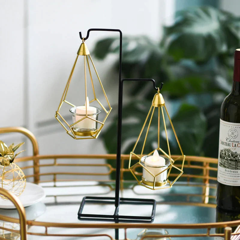 Hanging Candle Holder | Faceted Diamond & Gold Metal