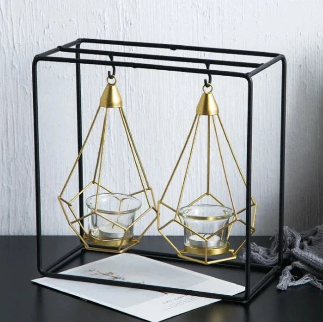 Hanging Candle Holder | Faceted Diamond & Gold Metal