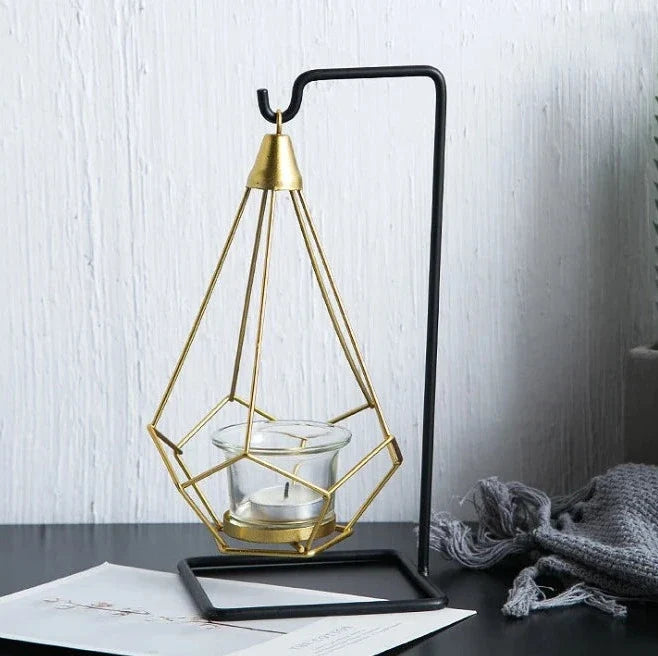 Hanging Candle Holder | Faceted Diamond & Gold Metal