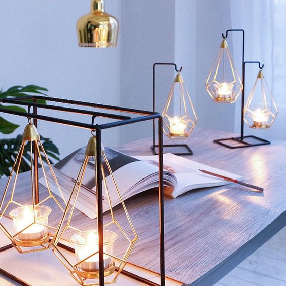 Hanging Candle Holder | Faceted Diamond & Gold Metal