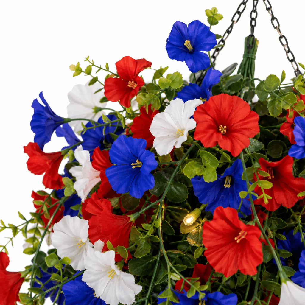 Hanging Flower Basket | Integrated LED Lighting & Silk Flowers | Indoor & Outdoor