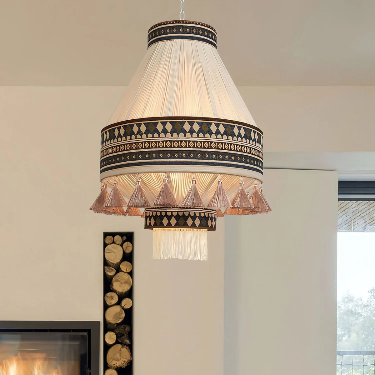 Hanging Lamp | Boho Fringed Shade & Linen Rope