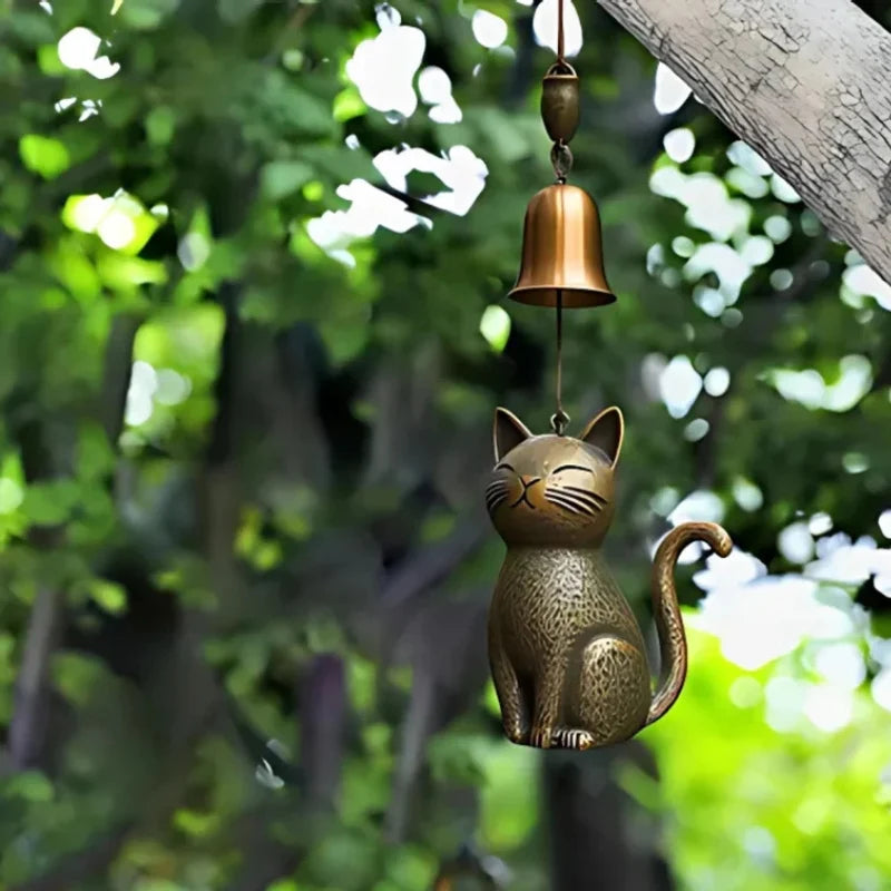 Hanging Wind Chime | Cat-Shaped Bronze-Tone & Metal Chimes | Indoor & Outdoor