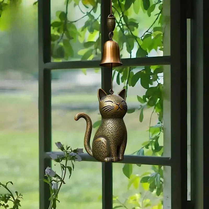 Hanging Wind Chime | Cat-Shaped Bronze-Tone & Metal Chimes | Indoor & Outdoor