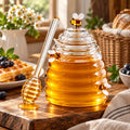 Honey Jar | Beehive-Style Ribbed Glass & Matching Dipper